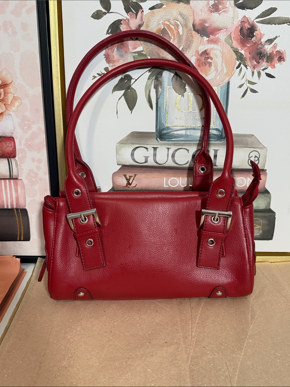Red Faux Leather Shoulder Bag - Classic Women's Tote